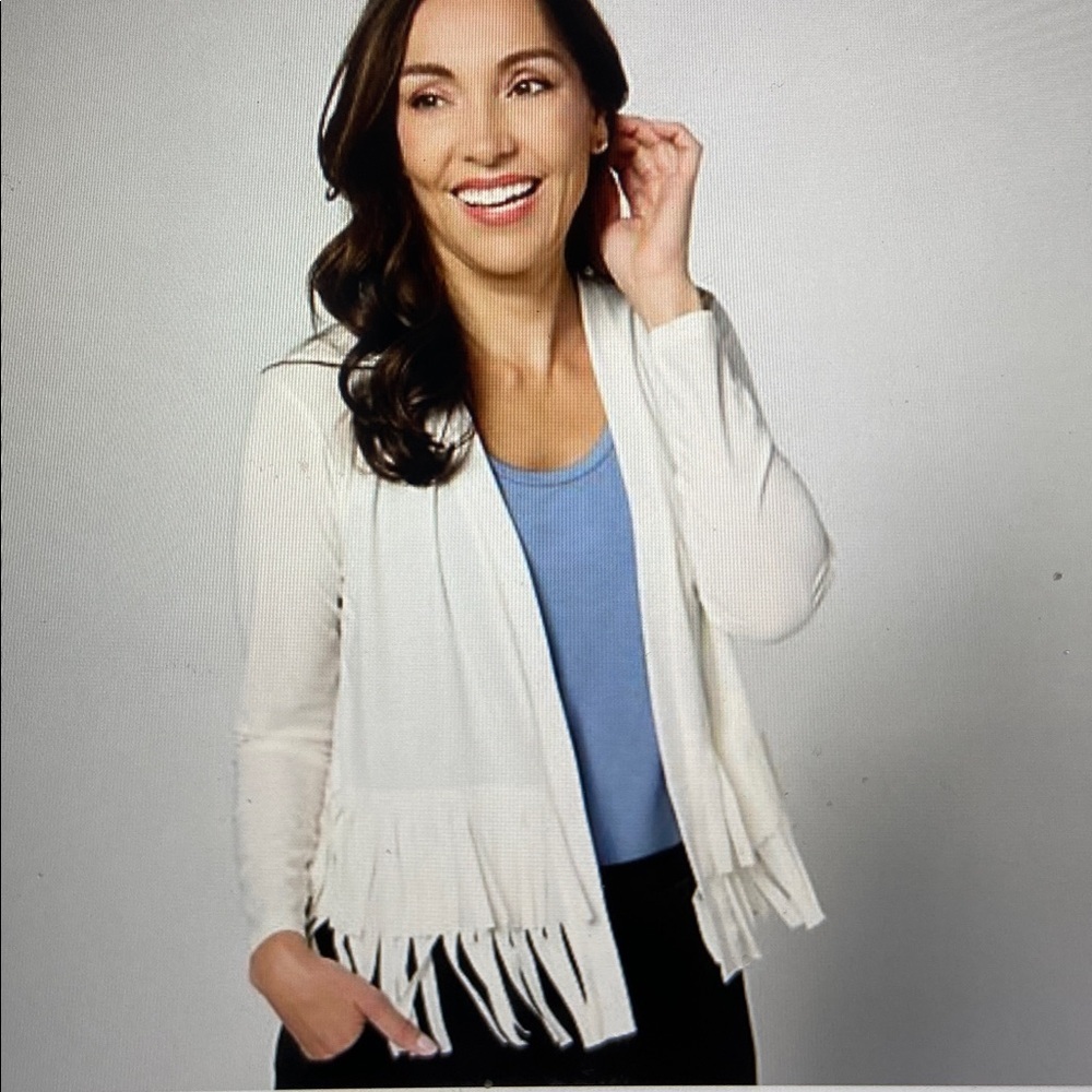 Attitudes by Renee Como Jersey Knit Fringe Cardigan Shrug Ivory S New